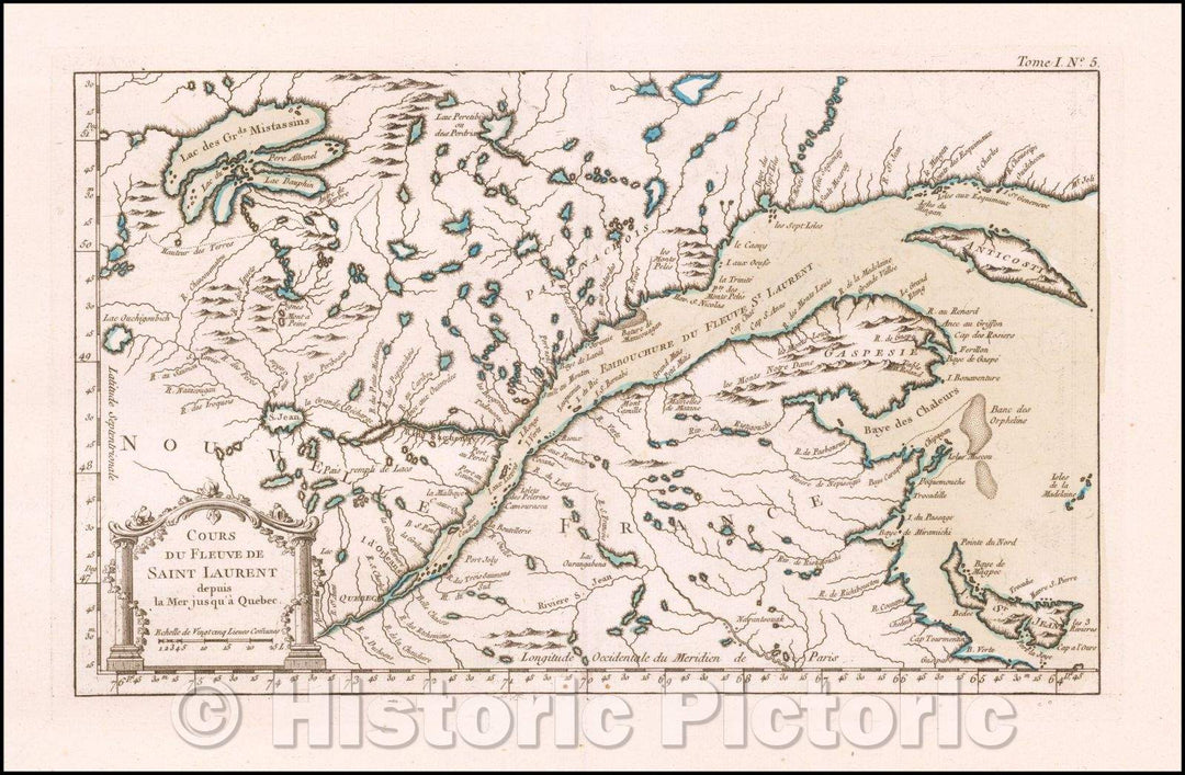 Historic Map - Cours de Fleuve de Saint Laurent depuis la Mer jusqu'a Quebec/Saint Laurent River Course from the sea up to Quebec, 1764, Jacques Nicolas Bellin - Vintage Wall Art