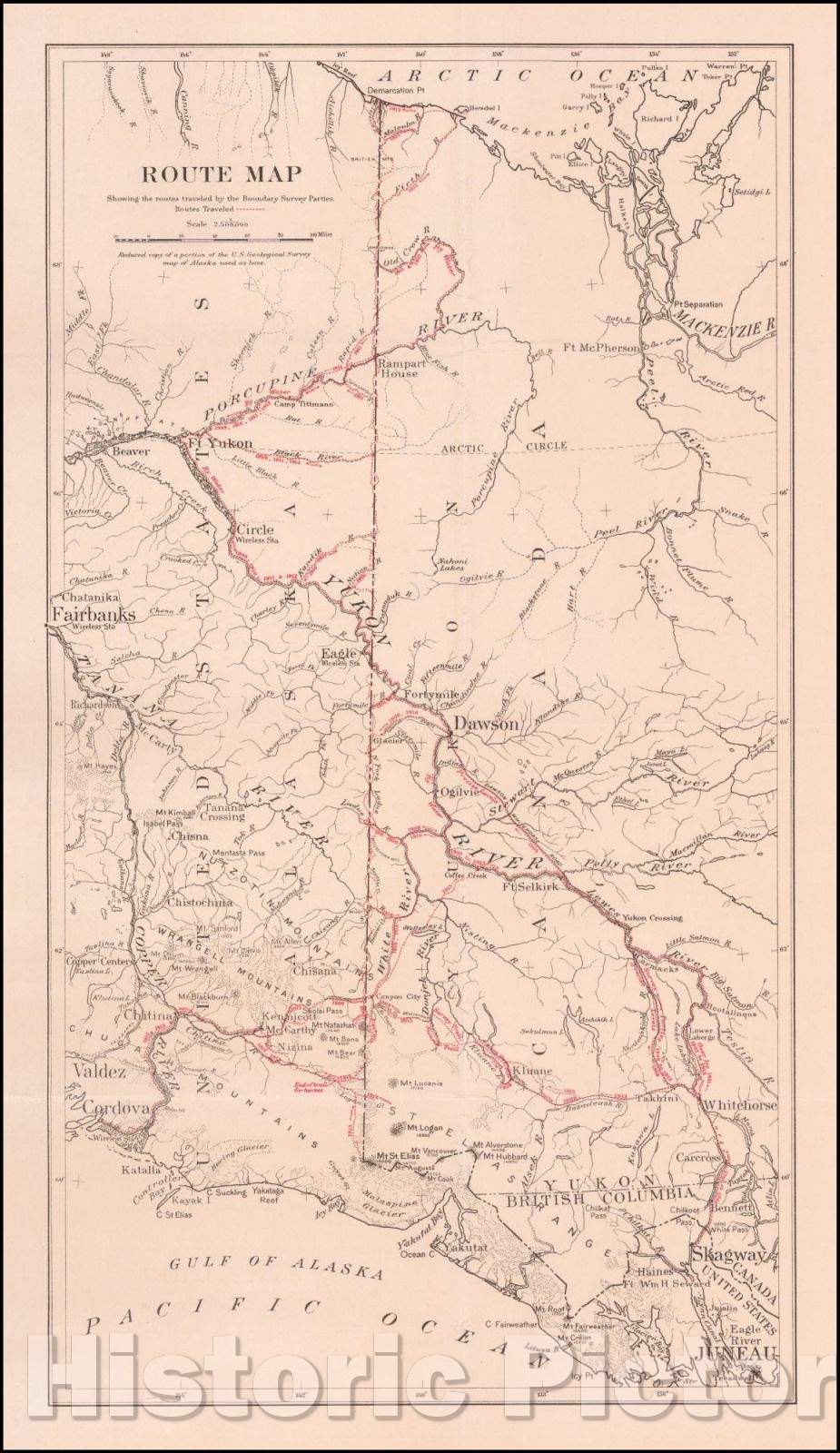 Historic Map - Route Map Showing the routes traveled, 1914, U.S. Geological Survey - Vintage Wall Art