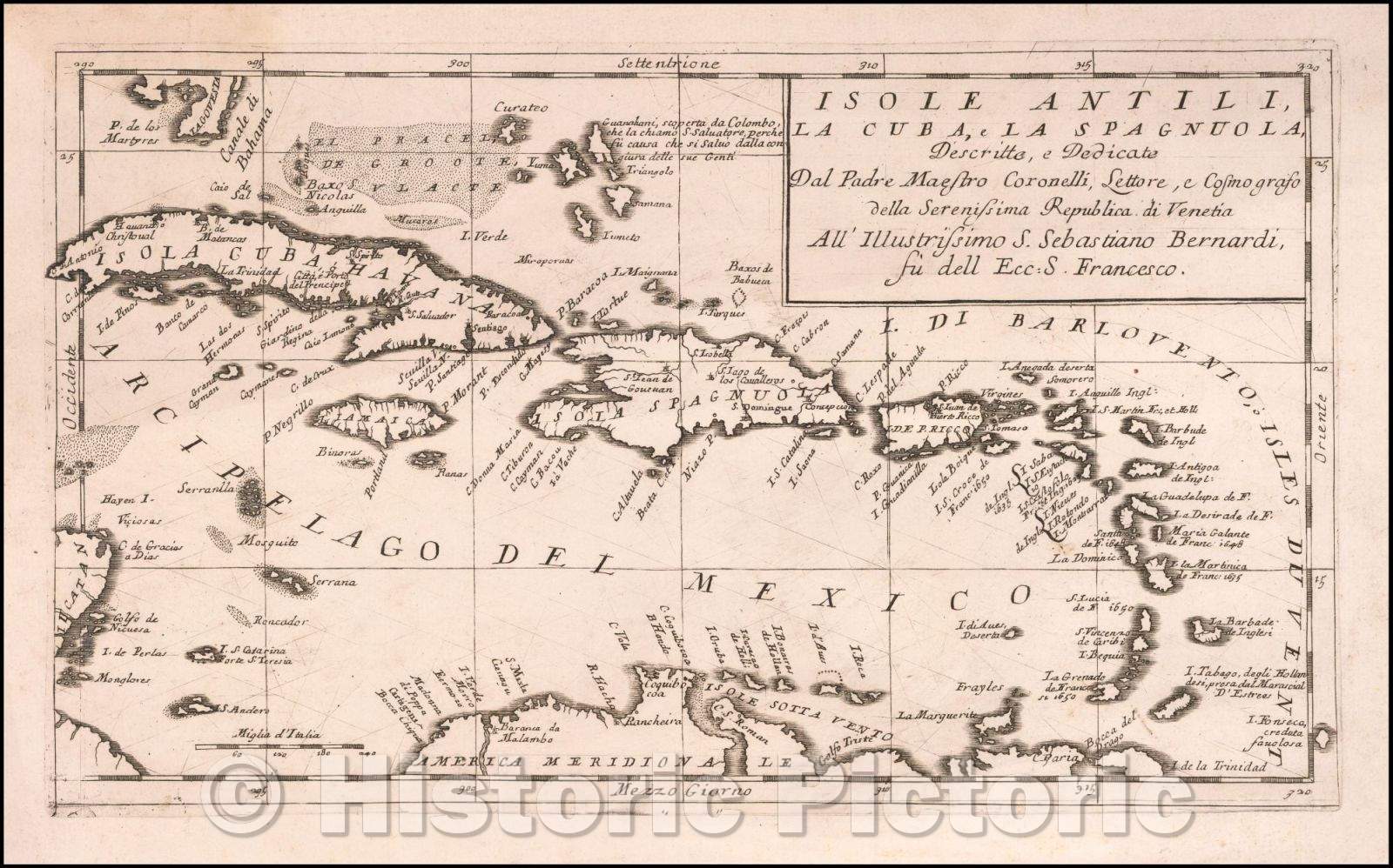 Historic Map - Isole Antili, La Cuba, La Spagnuola, Descrtitte e Dedicato Dal Padre Maestro Coronelli, 1690, Vincenzo Maria Coronelli v2