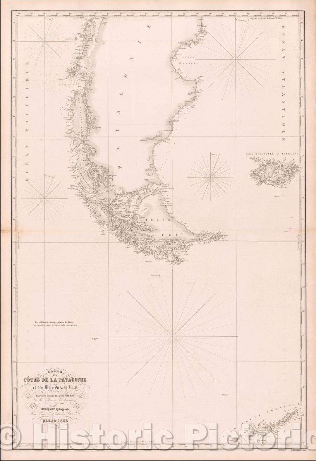 Historic Map - Carte des Cotes de la Patagonie et des Mers du Cap Horn/Sea Chart of the southern tip of South America, the Falkland Islands, 1853 - Vintage Wall Art