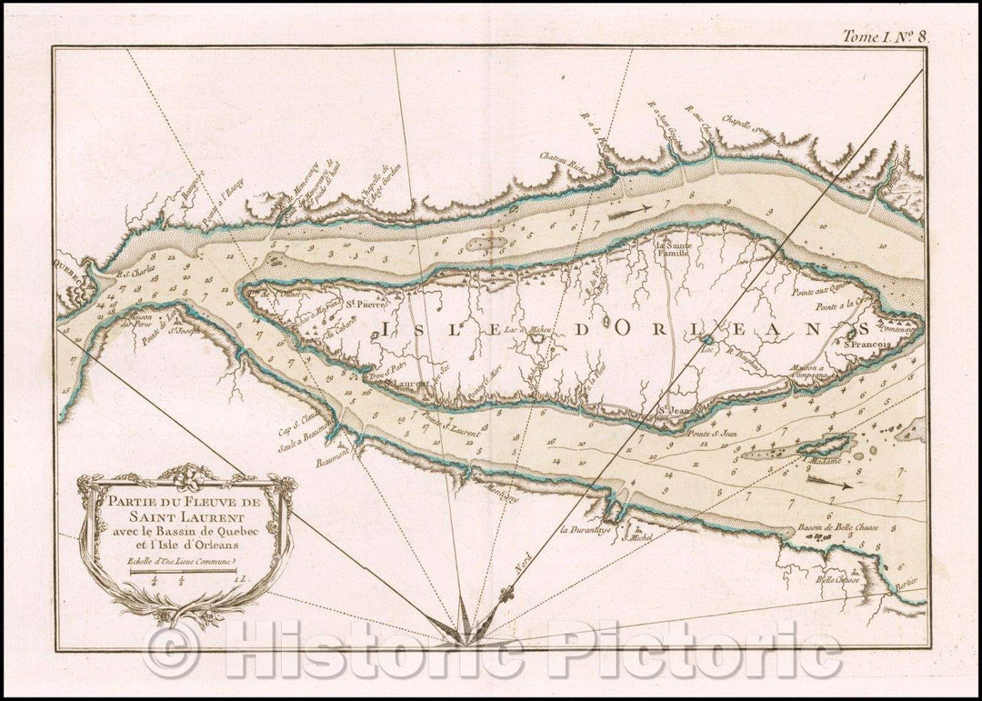 Historic Map - Partie de Fleuve de Saint Laurent :: Part of River St. Lawrence Basin with Quebec and the Isle of Orleans, 1764 - Vintage Wall Art