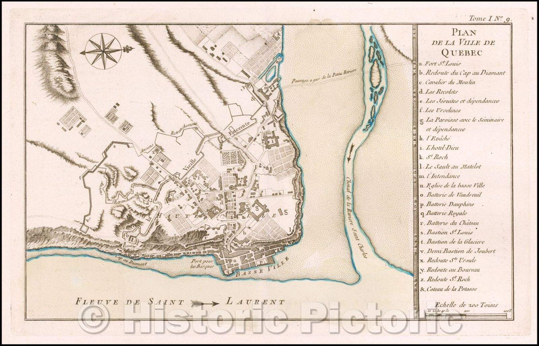 Historic Map - Plan De La Ville De Quebec/Map Of The City Of Quebec, 1764, Jacques Nicolas Bellin - Vintage Wall Art