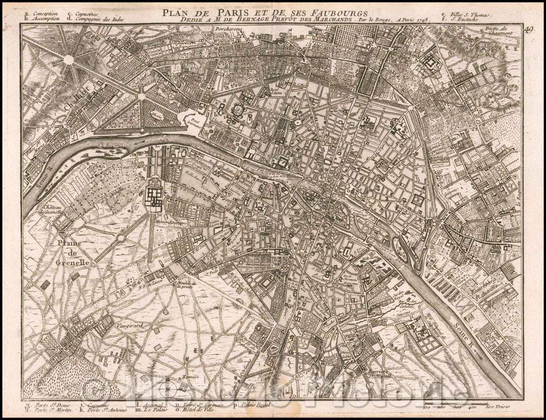 Historic Map - Plan De Paris et de ses Faubourgs/Plan of Paris, from Le Rouge's Nouvel Atlas Portatif, 1748, Georges Louis Le Rouge - Vintage Wall Art