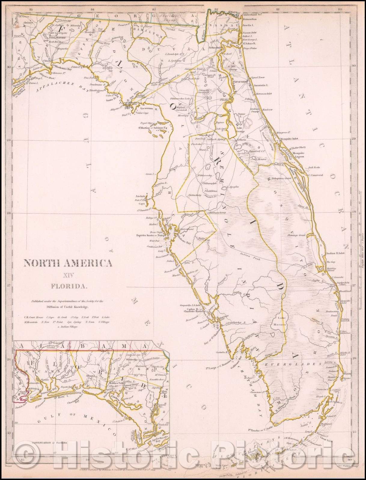 Historic Map - North America XIV Florida, 1834, SDUK - Vintage Wall Art