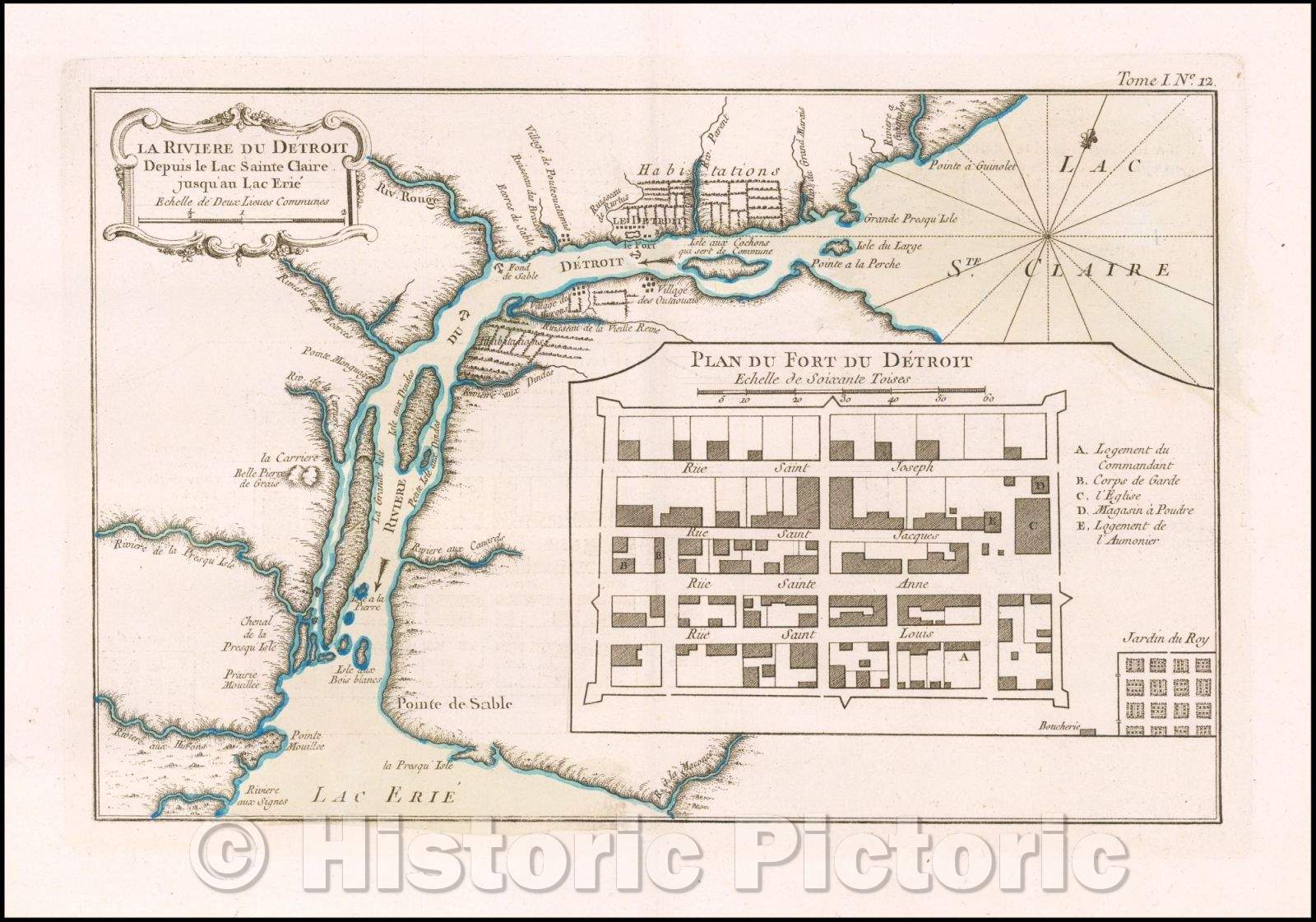 Historic Map - Detroit La Riviere Du Detroit Depuis le Lac Sainte Claire jusqu'au Lac Erie/Lake Erie, 1764, Jacques Nicolas Bellin v2