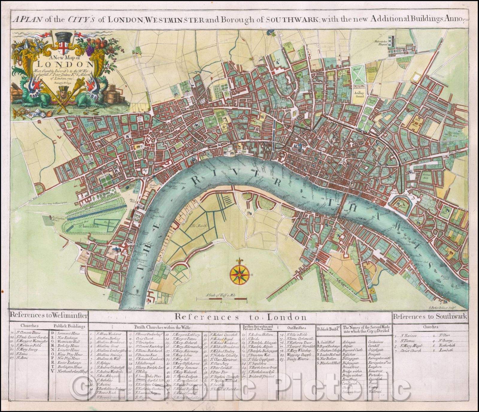 Historic Map - A Plan of the City's Of London, Westminser and Borough of Southwark; with the new Additional Buildings, 1721, John Senex - Vintage Wall Art