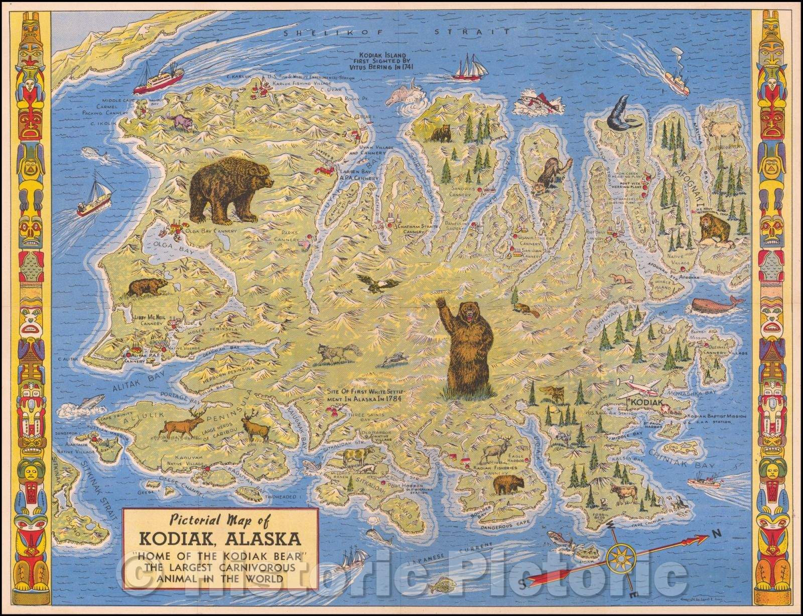 Historic Map - Pictorial Map of Kodiak Alaska, 1948, Lowell E. Jones - Vintage Wall Art