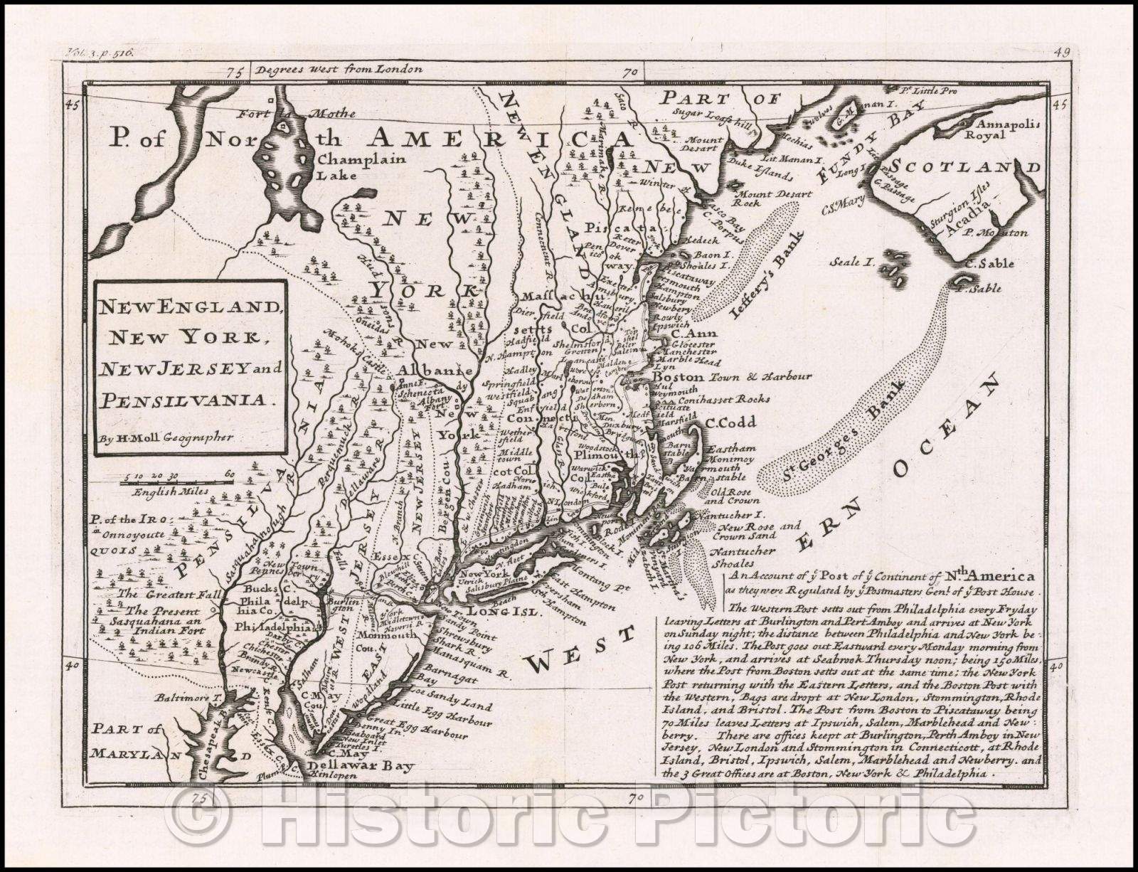 Historic Map - New England, New York, New Jersey and Pensilvania (First map to show American post roads), 1729, - Vintage Wall Art