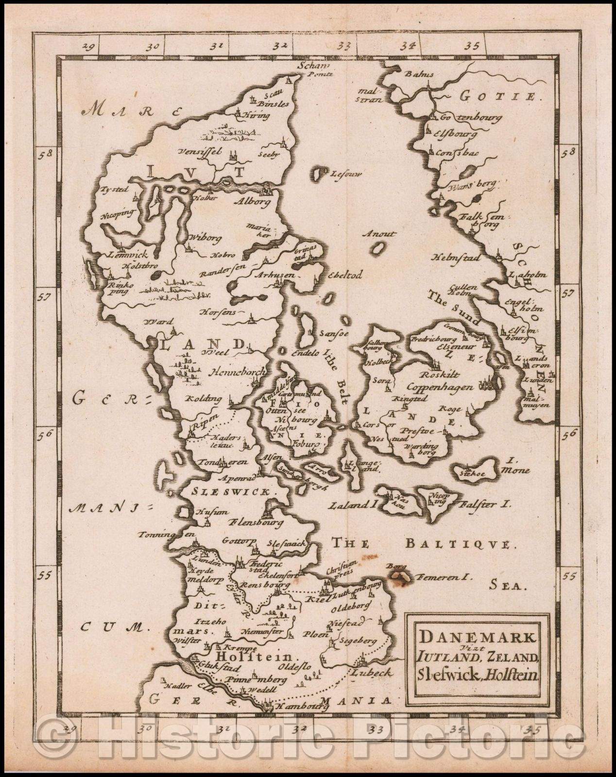 Historic Map - Danemark vizt Iutland, Zeland, Selswick Holstein/Miniature English Map of Denmark, 1681, Sir Jonas Moore - Vintage Wall Art