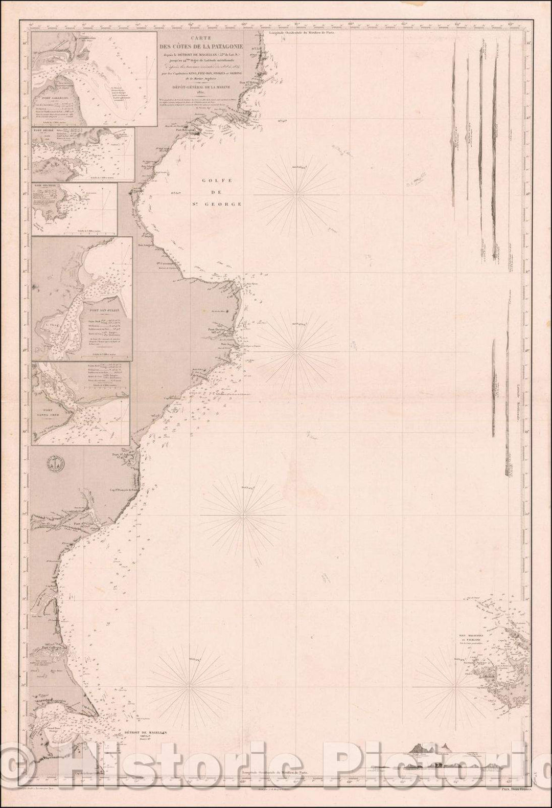 Historic Map - Carte Des Cotes la Patagonie depuis le Detroit de Magellan/Sea Chart of Coast of Patagonia, French Hydrographic Survey, 1851 - Vintage Wall Art