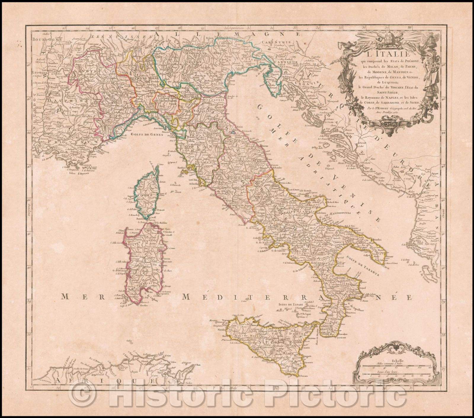 Historic Map - L'Italie qui comprend les Etats de Piemont, les Duches de Milan, de Parme, de Modene/Map of Italy, Sicily, Sardinia & Corsica, 1757 - Vintage Wall Art