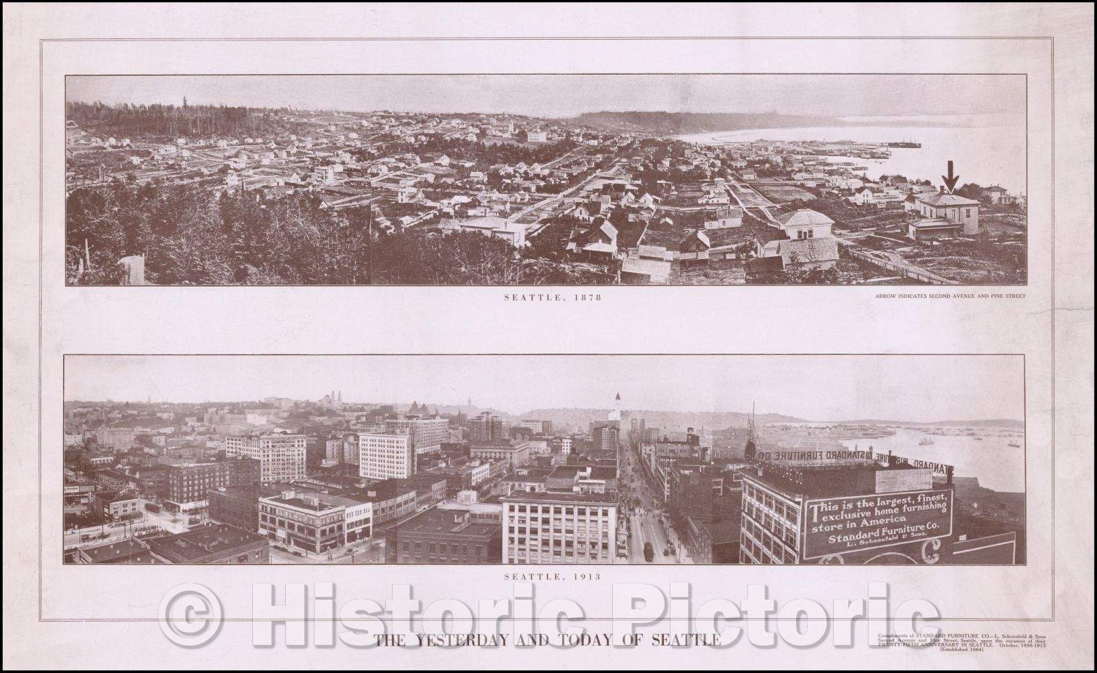 Historic Map - The Yesterday and Today of Seattle (Celebrating 25th Anniversary of Standard Furniture Company), 1913, Standard Furniture Company - Vintage Wall Art