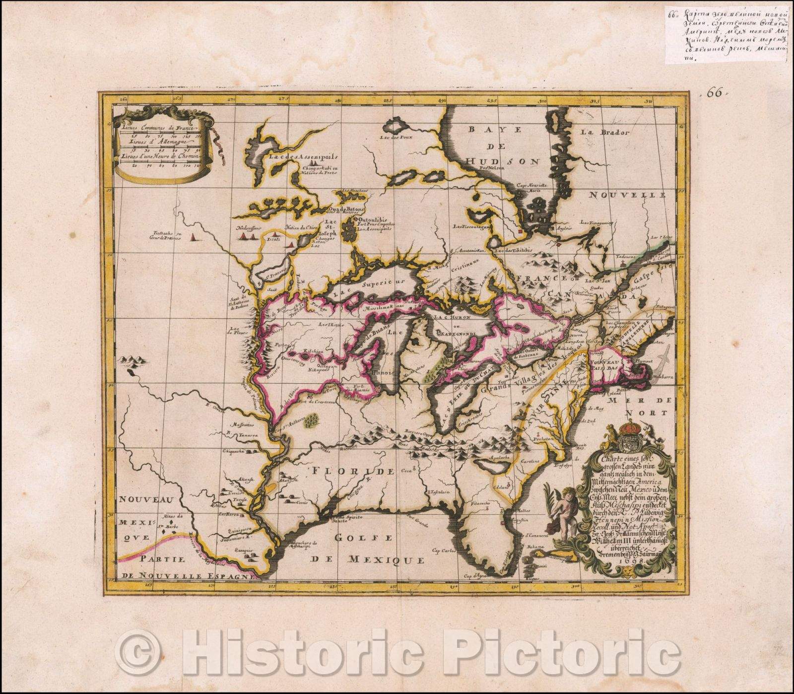 Historic Map - Charte eines sehr grossen Landes nur gantz neulich/Philip Gottfried Saurmans edition of Louis Hennepin's Map of North America, 1698 - Vintage Wall Art