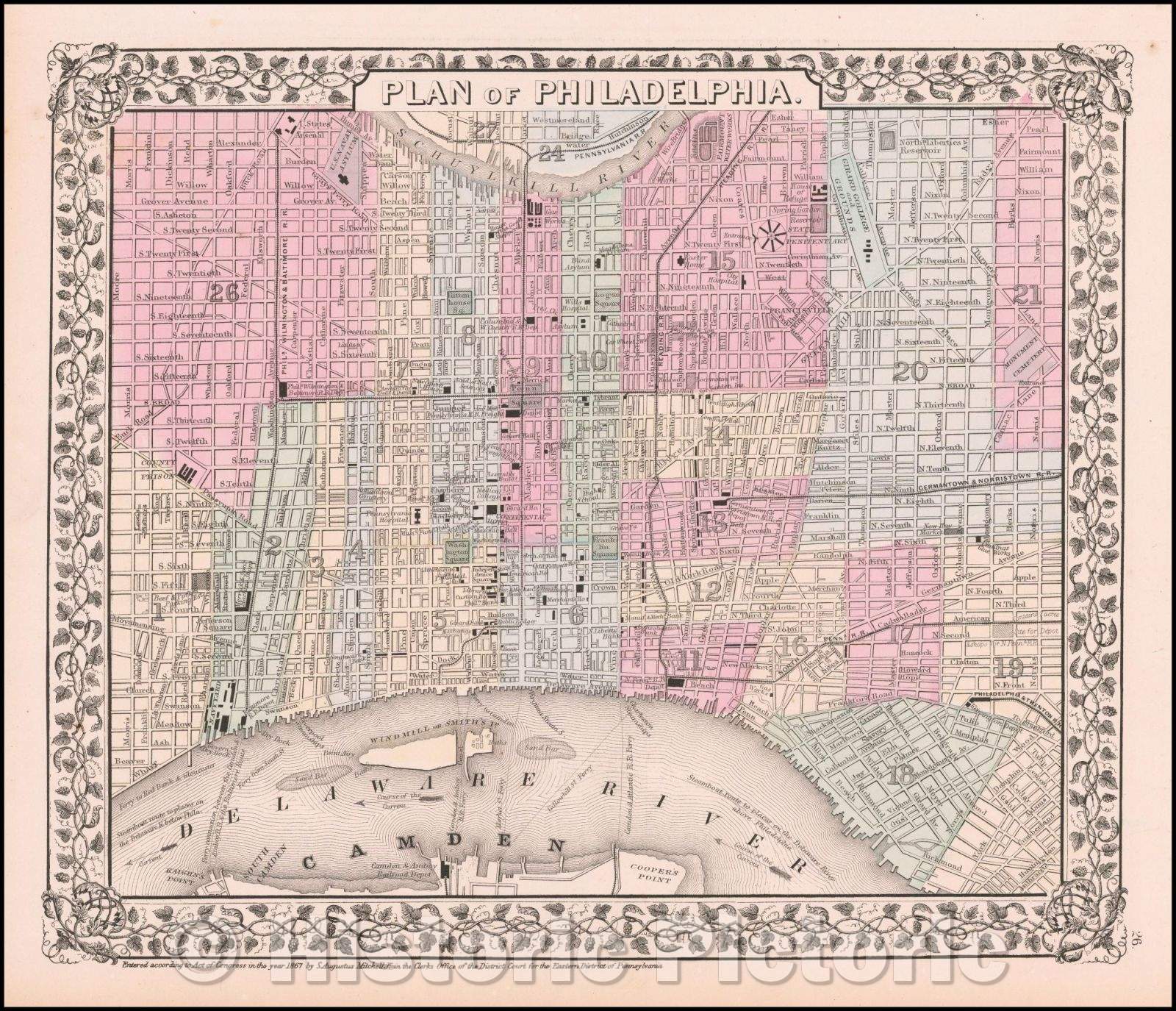 Historic Map - Plan of Philadelphia, 1870, Samuel Augustus Mitchell Jr. - Vintage Wall Art