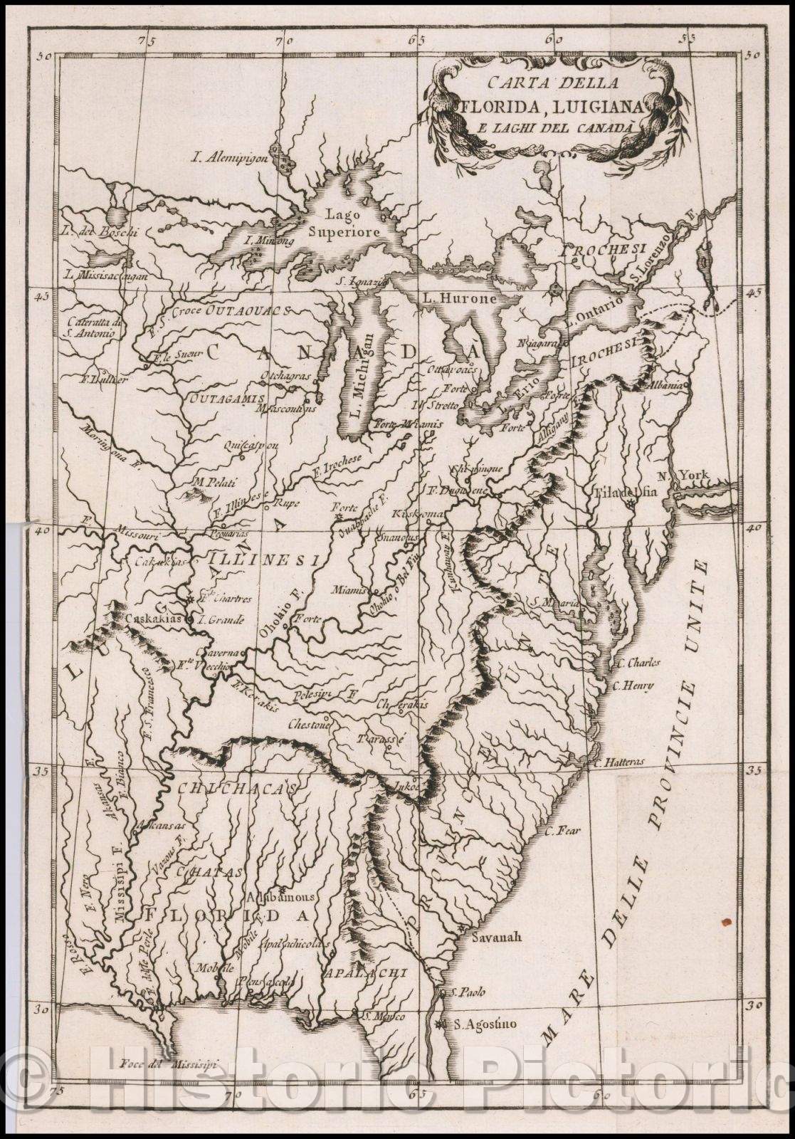 Historic Map - Carta Della Florida, Luigiana E Laghi Del Canada/Charter Florida, Louisiana; And Lakes Of Canada, 1780, Anonymous - Vintage Wall Art