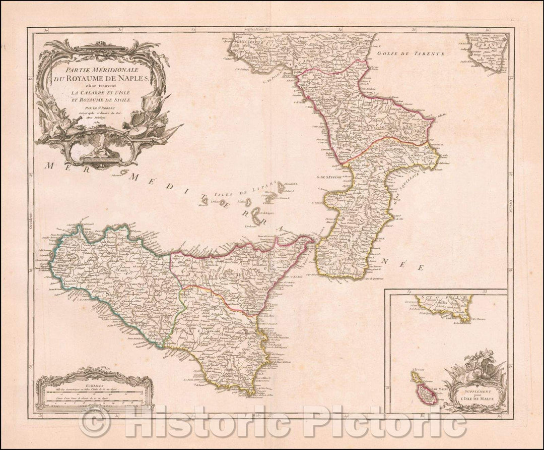 Historic Map - Partie Meridionale Du Royaume De Naples, ou se trouvent La Calabre et L'Isle/Map of Sicily, Naples with a large inset of Malta, 1757 - Vintage Wall Art