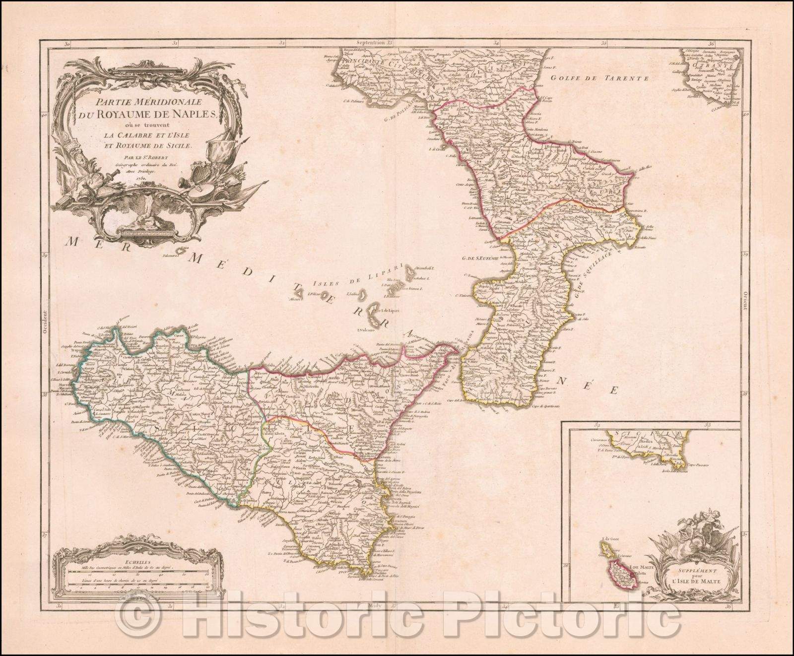 Historic Map - Partie Meridionale Du Royaume De Naples, ou se trouvent La Calabre et L'Isle/Map of Sicily, Naples with a large inset of Malta, 1757 - Vintage Wall Art