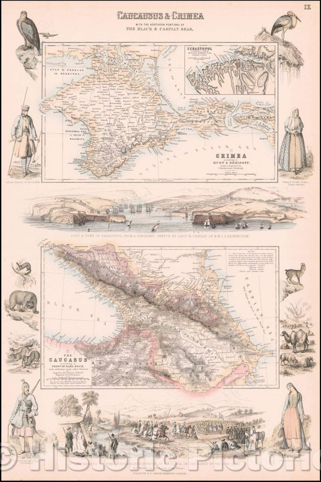 Historic Map - Caucasia & Crimea with the Northern Portions of The Black Sea & Caspian Seas, 1860, Archibald Fullarton & Co. - Vintage Wall Art