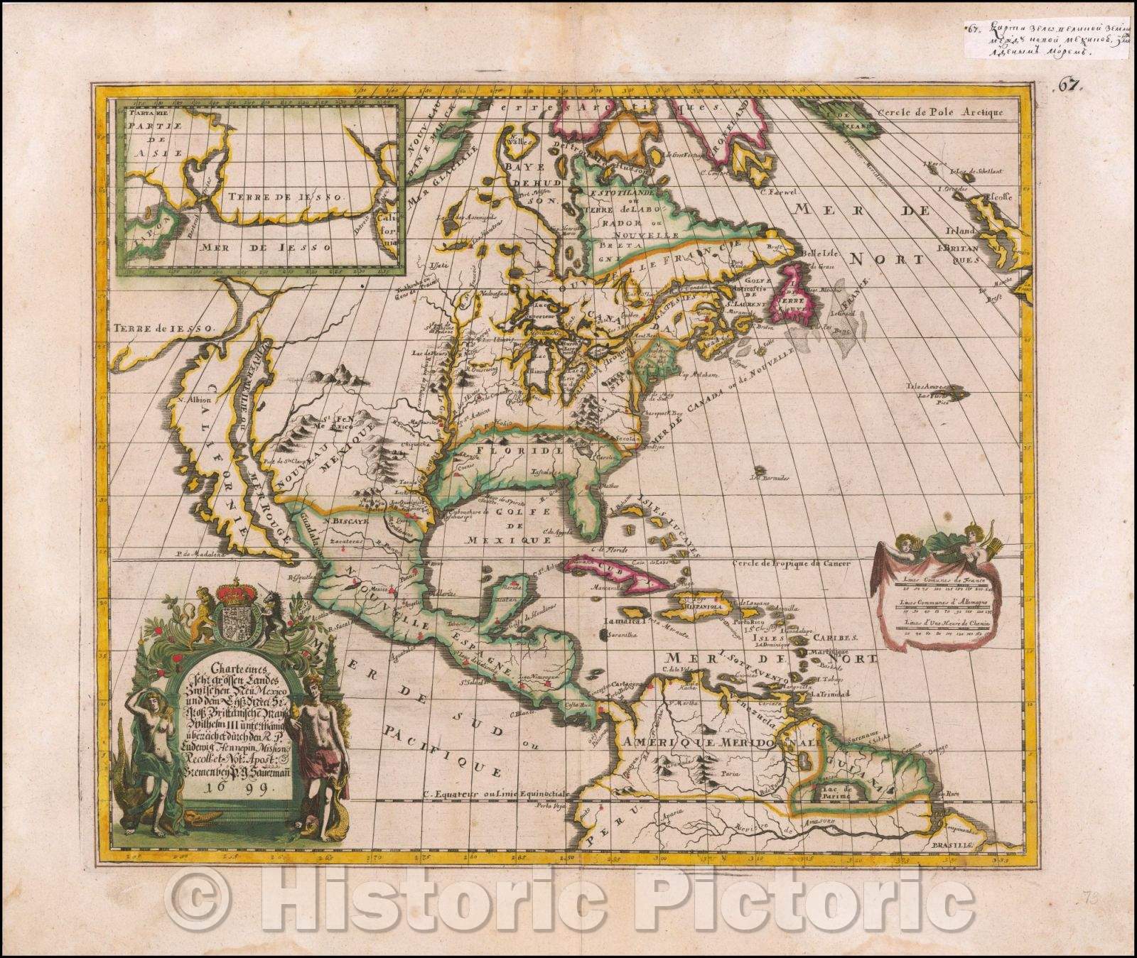 Historic Map - Charte eines sehr grossen Landes Zwischen Neu Mexico und dem Eis Meer/Louis Hennepin's Map of North America, 1699, Louis de Hennepin - Vintage Wall Art