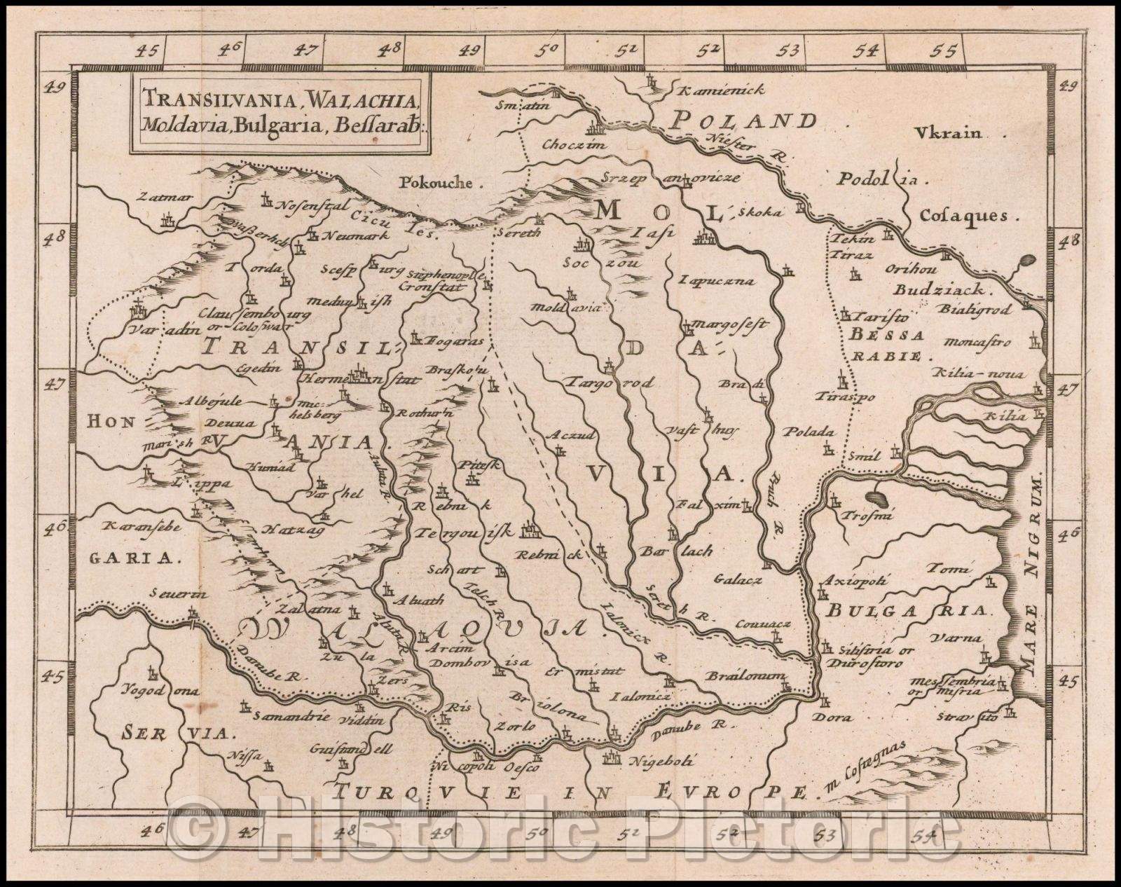 Historic Map - Transilvania, Walachia, Modovia, Bulgaria, Bessarab: / Map of Bulgaria, Walachia, Moldova, Transilvania, Bessarbie and part of Poland, 1681 - Vintage Wall Art