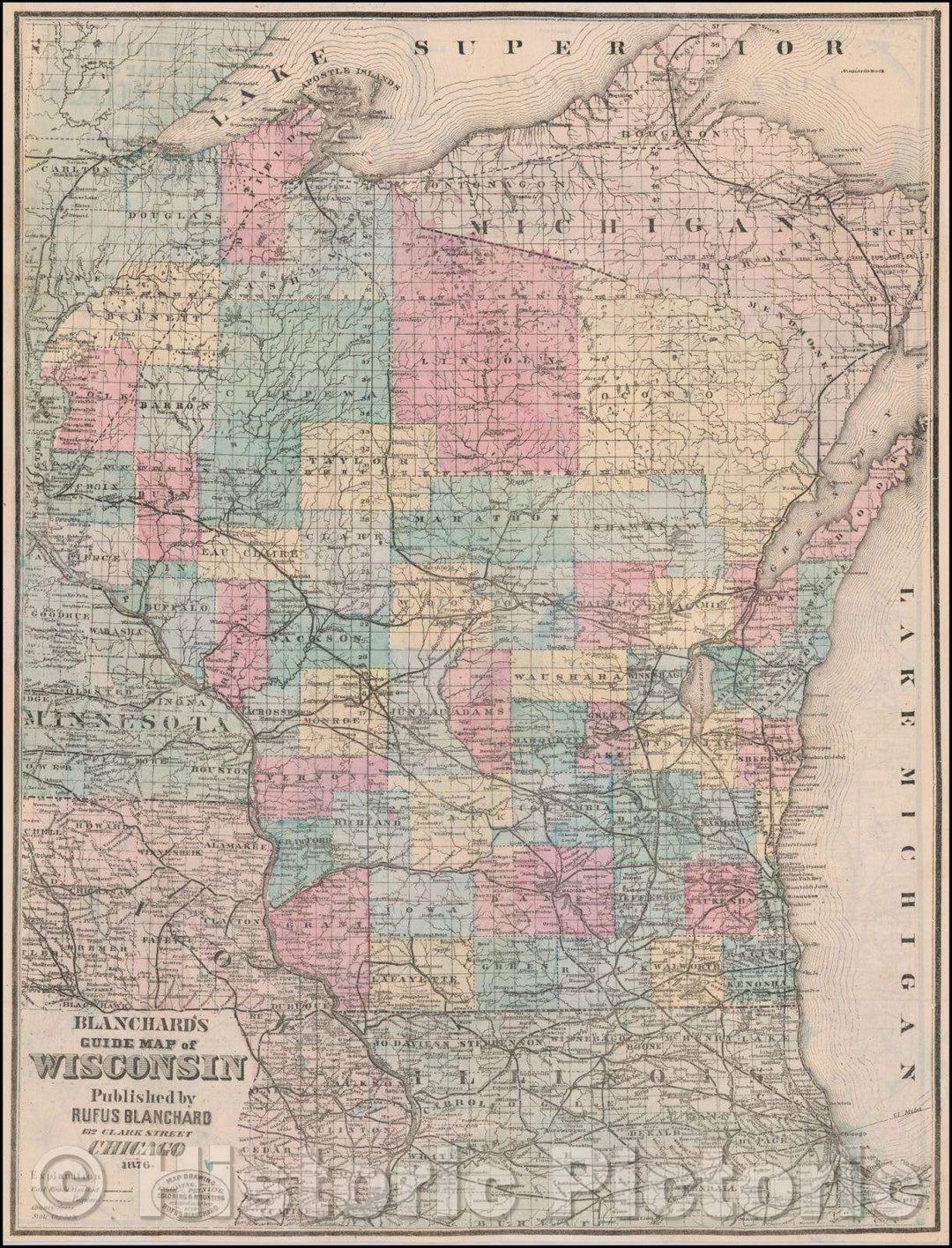 Historic Map - Wisconsin and Michigan Maps, Blanchard's Guide Map of Wisconsin, 1876, Rufus Blanchard - Vintage Wall Art