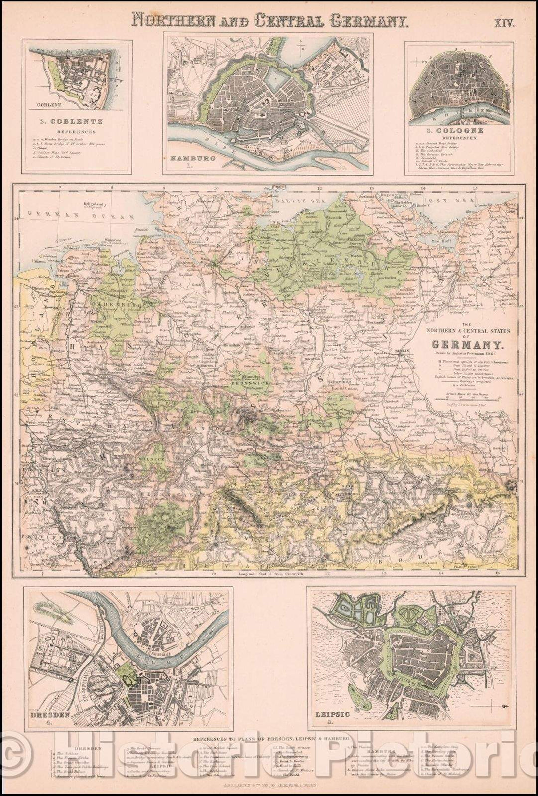 Historic Map - Northern and Central Germany (with insets of Hamburg, Coblentz, Cologne, Desden and Leipzig), 1855, Archibald Fullarton & Co. - Vintage Wall Art