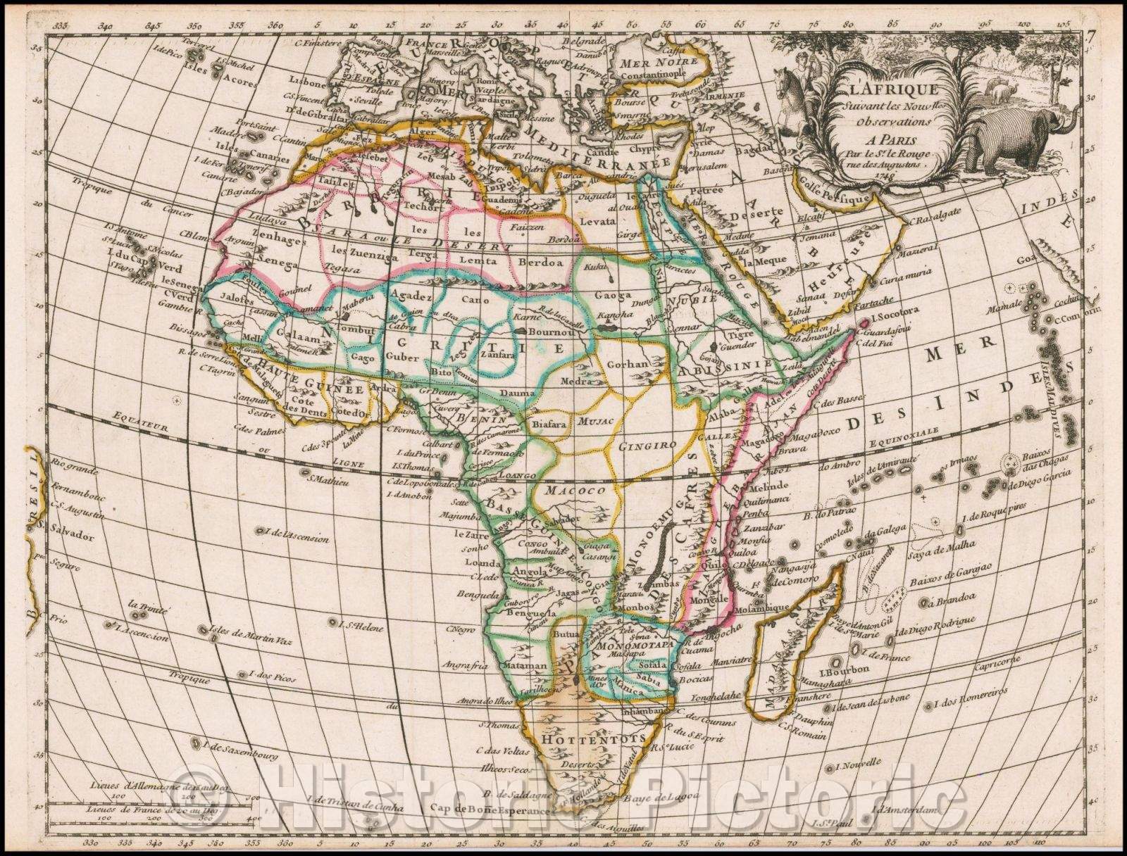 Historic Map - L'Afrique Suivant les Nouvells. Observations :: Africa, from Le Rouge's Atlas nouveau portatif ?l'usage des militaires et du voyageur, 1748 - Vintage Wall Art