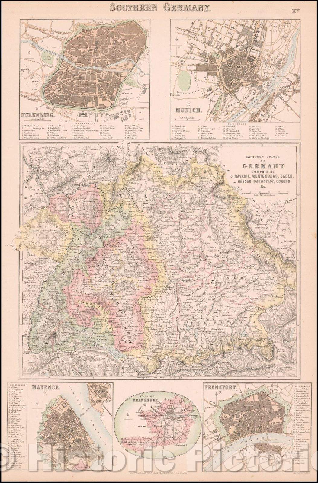 Historic Map - Southern Germany (with insets of Nuremberg, Munich, Mayence, Frankfort and State of Frankfort), 1855, Archibald Fullarton & Co. - Vintage Wall Art