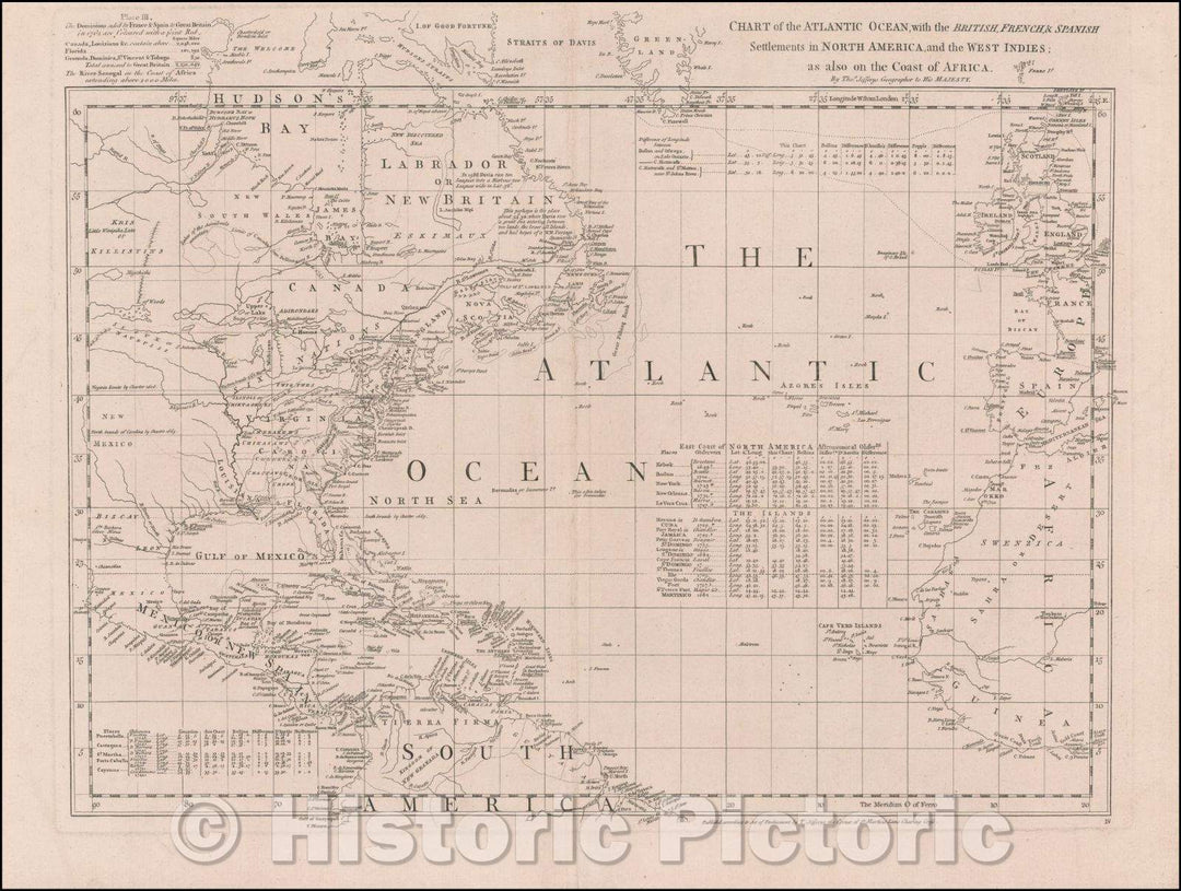 Historic Map - Chart of the Atlantic Ocean, with the British, French & Spanish Settlements in North America, and the West Indies, 1753, Thomas Jefferys - Vintage Wall Art