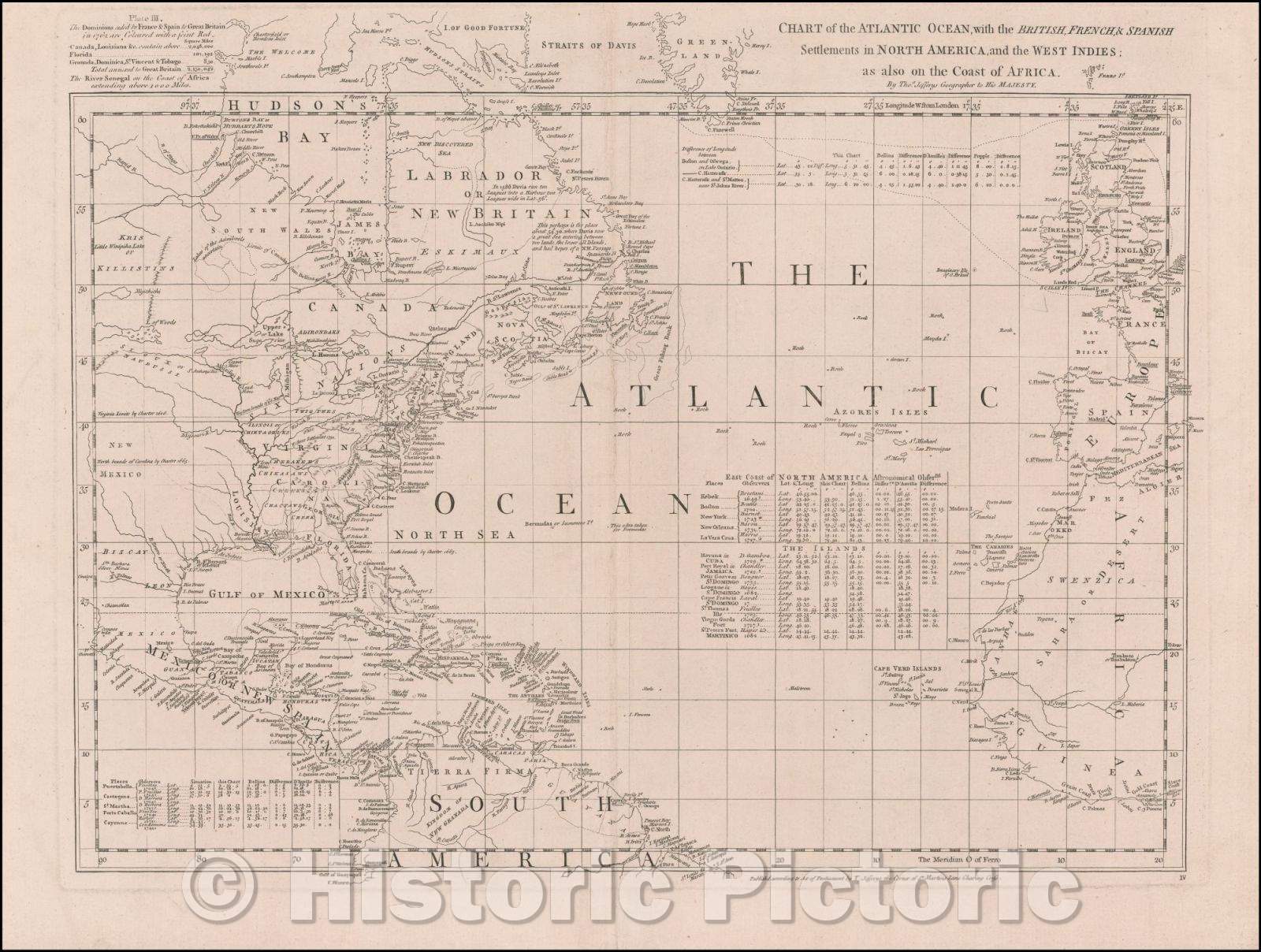 Historic Map - Chart of the Atlantic Ocean, with the British, French & Spanish Settlements in North America, and the West Indies, 1753, Thomas Jefferys - Vintage Wall Art