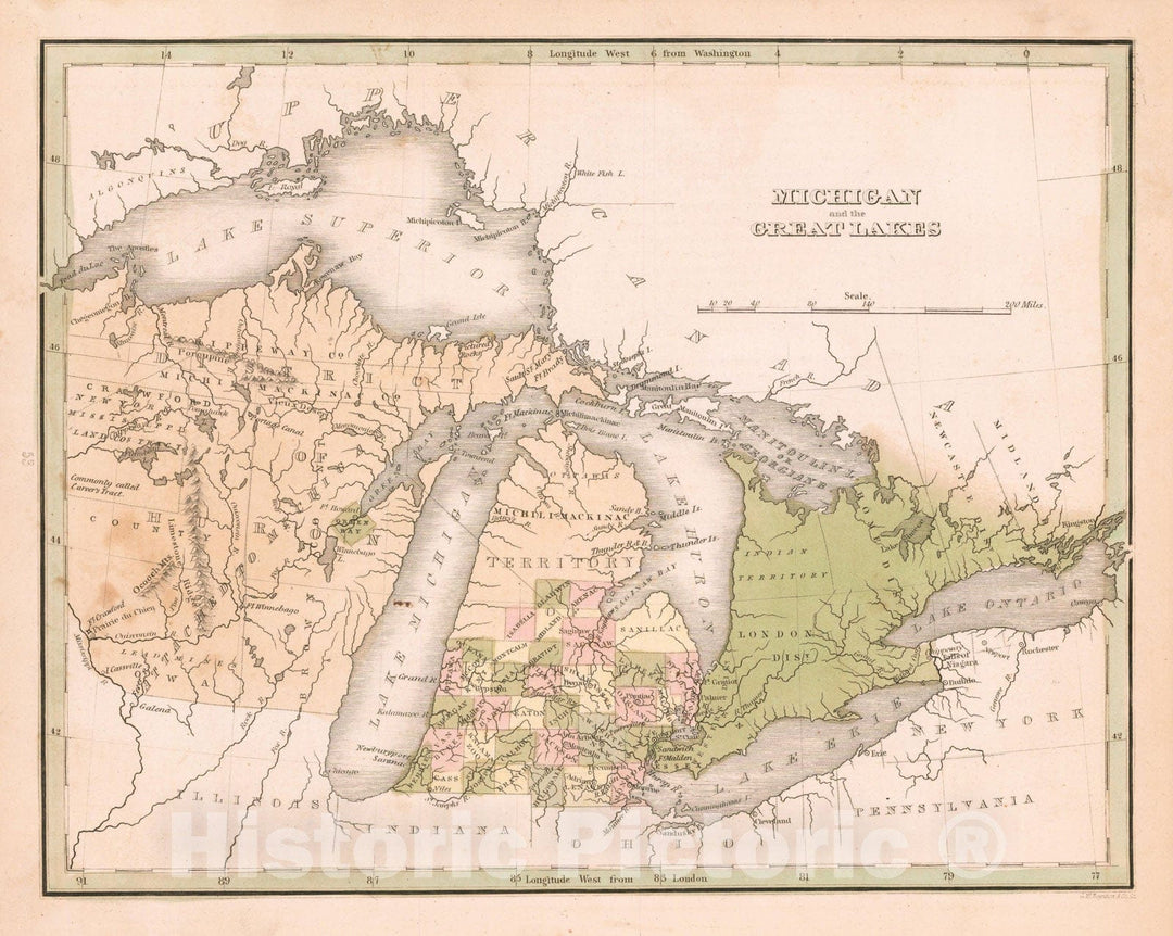 Historic Map - Michigan and the Great Lakes, 1835, Thomas Gamaliel Bradford - Vintage Wall Art