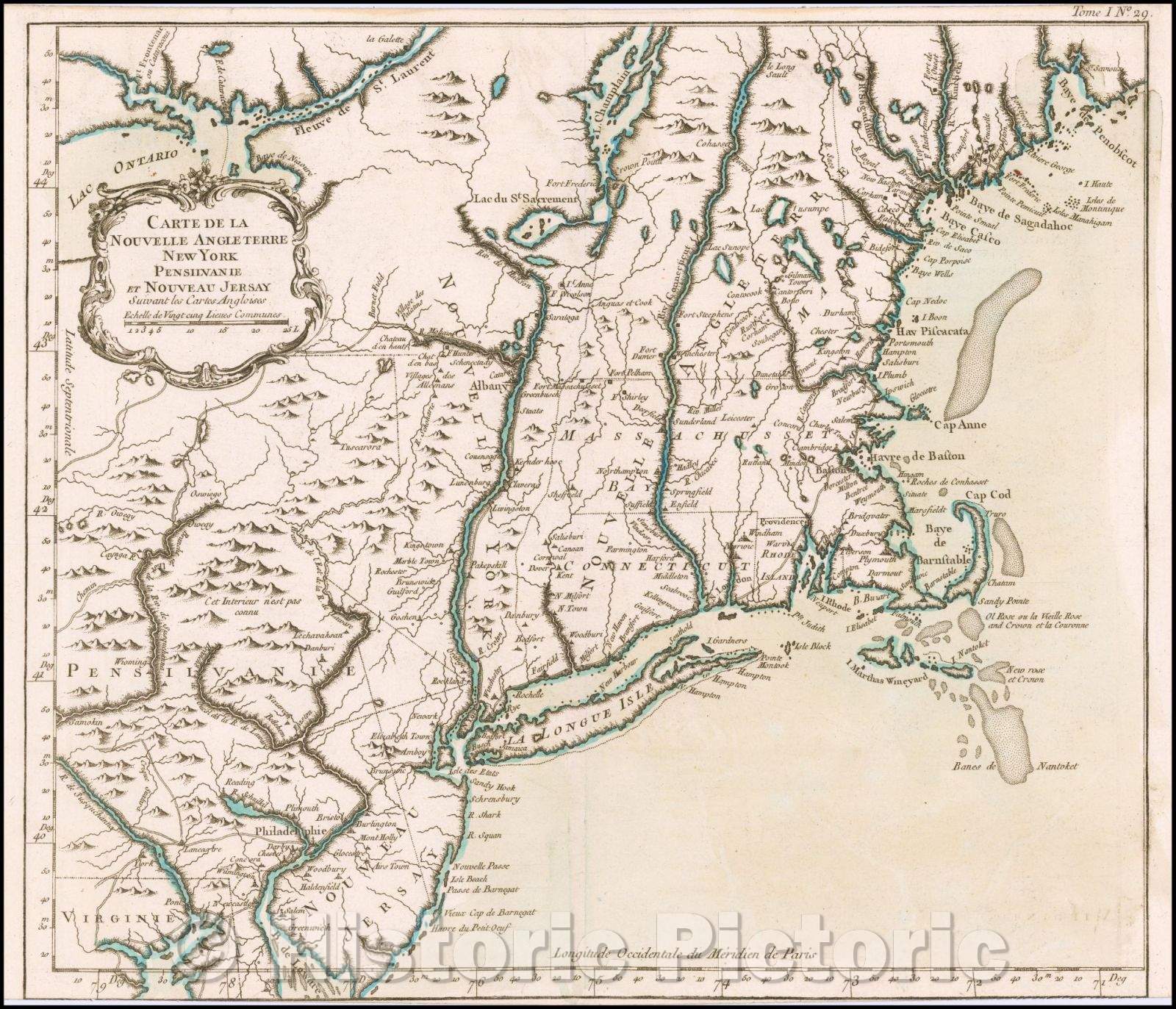 Historic Map - Carte de la Nouvelle Angleterre, New York, Pensilvanie/Map of New England, New York, Pennsylvania and New Jersey, Bellin's scarce, 1764 - Vintage Wall Art