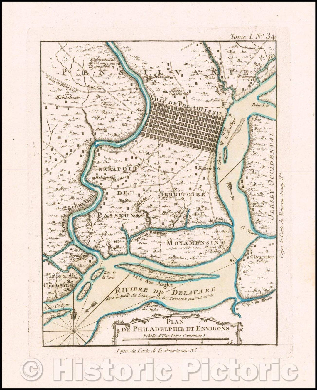 Historic Map - Plan de Philadelphie et Environs/Map of Philadelphia and Vicinity, 1764, Jacques Nicolas Bellin - Vintage Wall Art