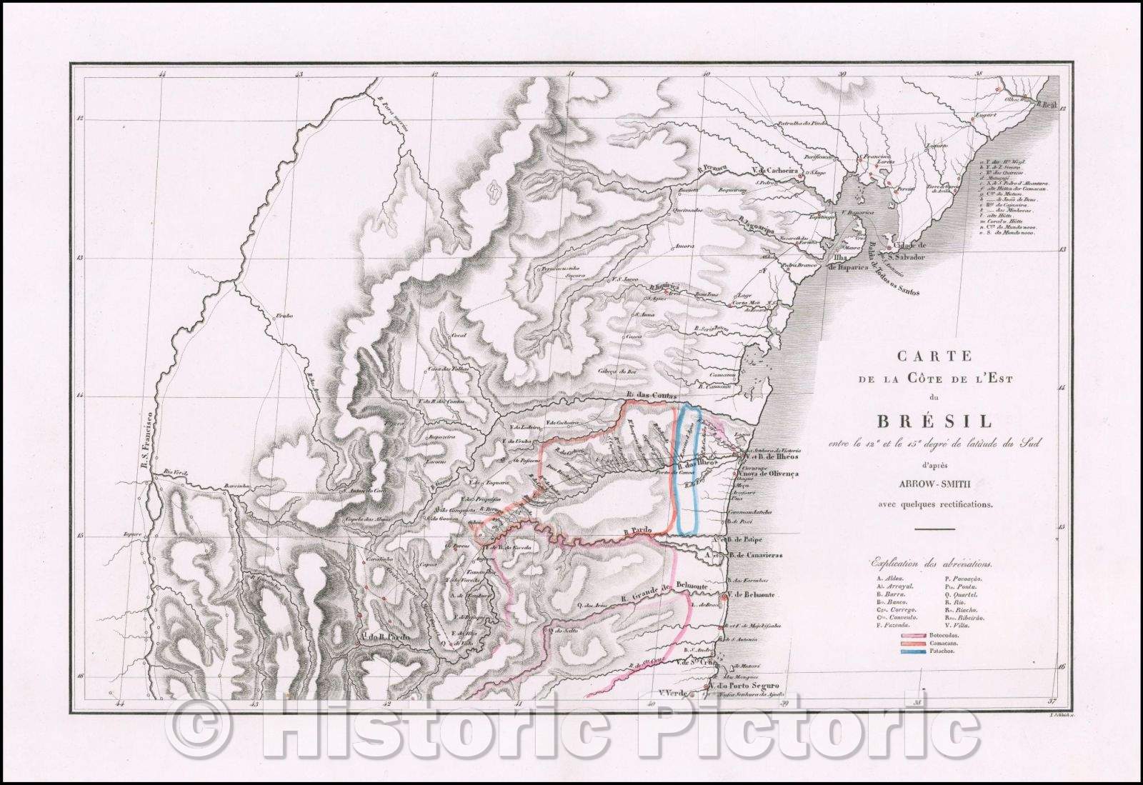 Historic Map - Cote de l'Est du Bresil entre le 12? et le 15? degr?de latitu :: of the East Coast of Brazil between 12? and 15? latitude South of Arrow, 1822 - Vintage Wall Art