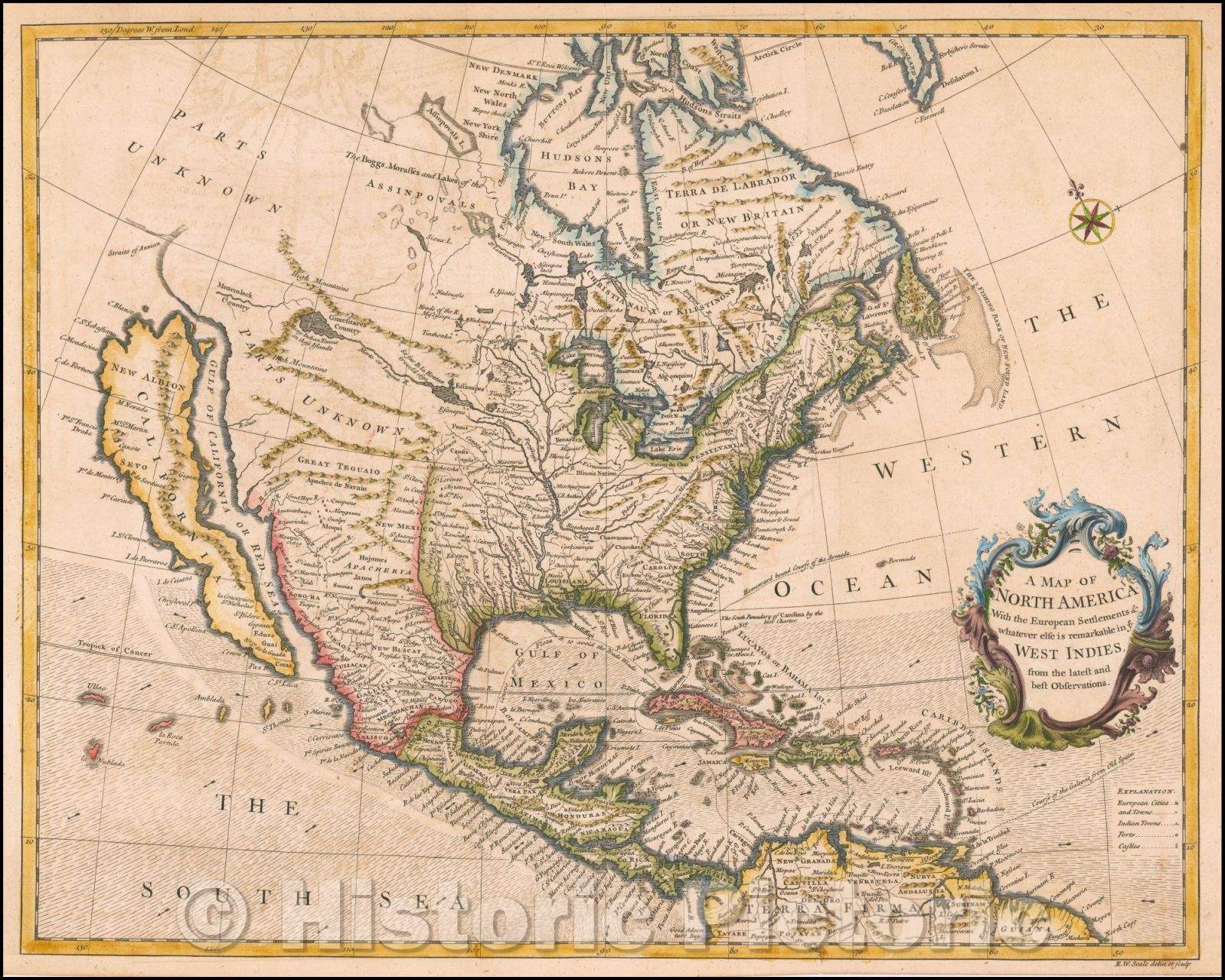 Historic Map - A Map of North America With the European Settlements & whatever else is remarkable in ye West Indies from the latest and best Observations, 1733 - Vintage Wall Art