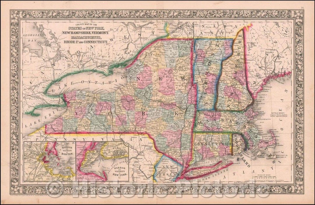 Historic Map - County Map of the States of New York, New Hampshire, Vermont, Massachusetts, Rhode Id. And Connecticutt, 1865, Samuel Augustus Mitchell Jr. v2