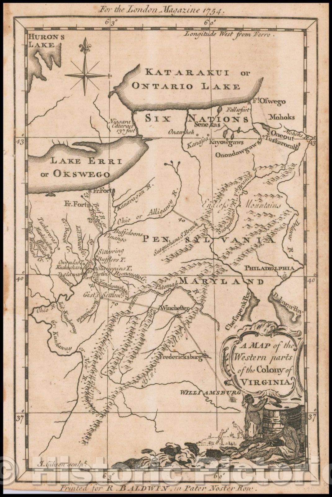 Historic Map - Western parts of the Colony of Virginia, 1754, London Magazine - Vintage Wall Art