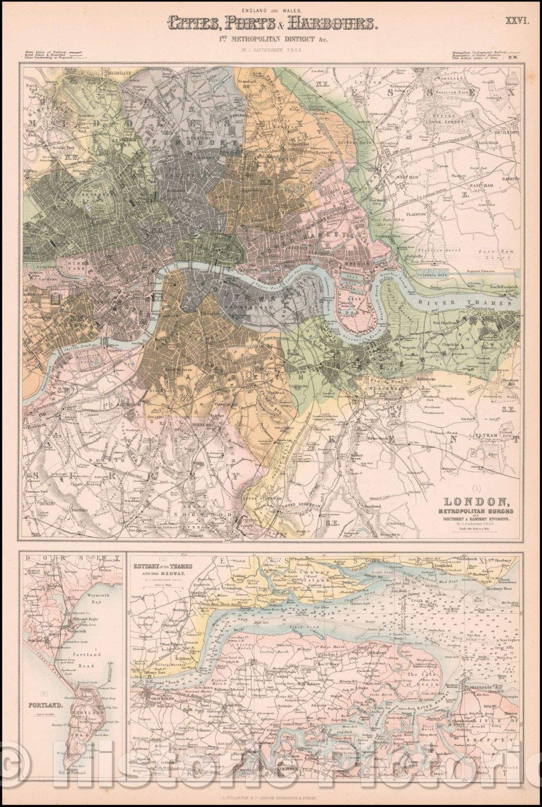 Historic Map - London, Metropolitan Burghs and Southern & Eastern Environs (with) Estuary of the Thames and the Medway (and) Portland, 1855 - Vintage Wall Art