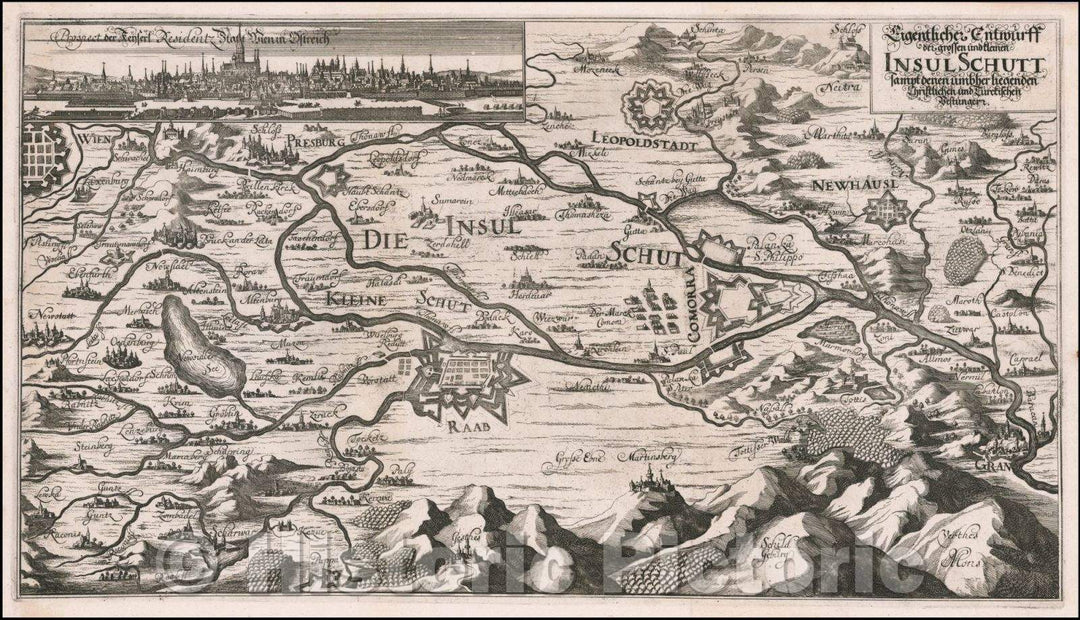 Historic Map - Eigentlicher Entwurff der Grossen unde Kleinen Insul Schutt/Map of Hungary, published at the end of the 17th Century, 1688 - Vintage Wall Art