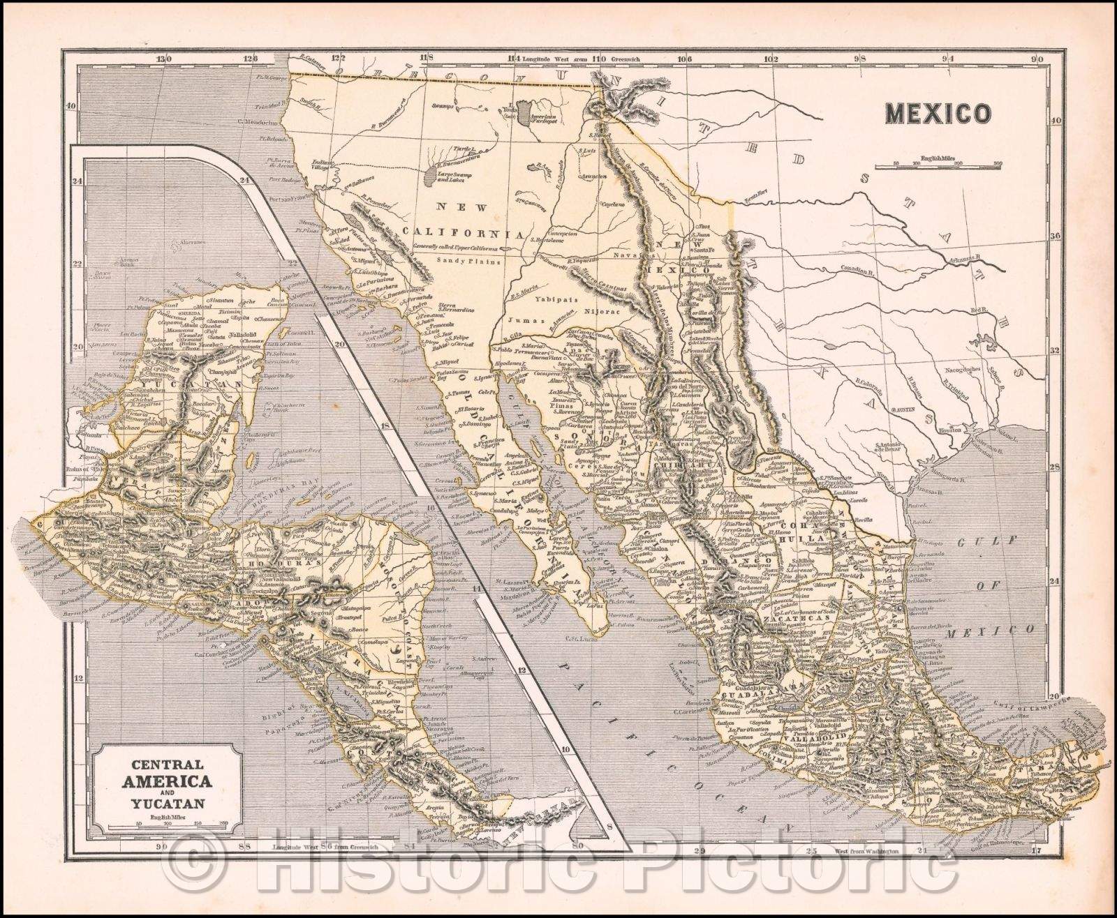 Historic Map - Mexico (with Upper California) [and] Central America and Yucatan, 1842, Sidney Morse - Vintage Wall Art