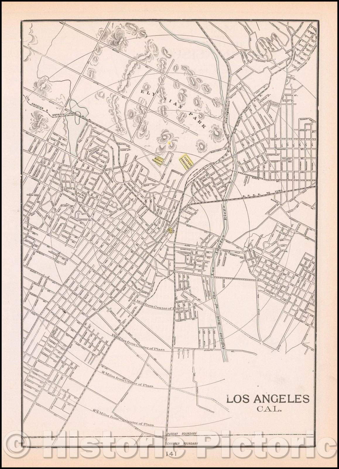 Historic Map - Los Angeles Cal. / Los Angeles and Ostrich Farm Rail Road, 1899, George F. Cram - Vintage Wall Art