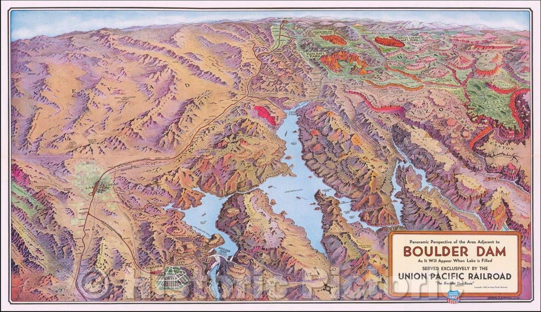 Historic Map - Boulder Dam/Las Vegas Panoramic Perspective of the Area Adjacent to Boulder Dam, 1936, Gerald A. Eddy v2