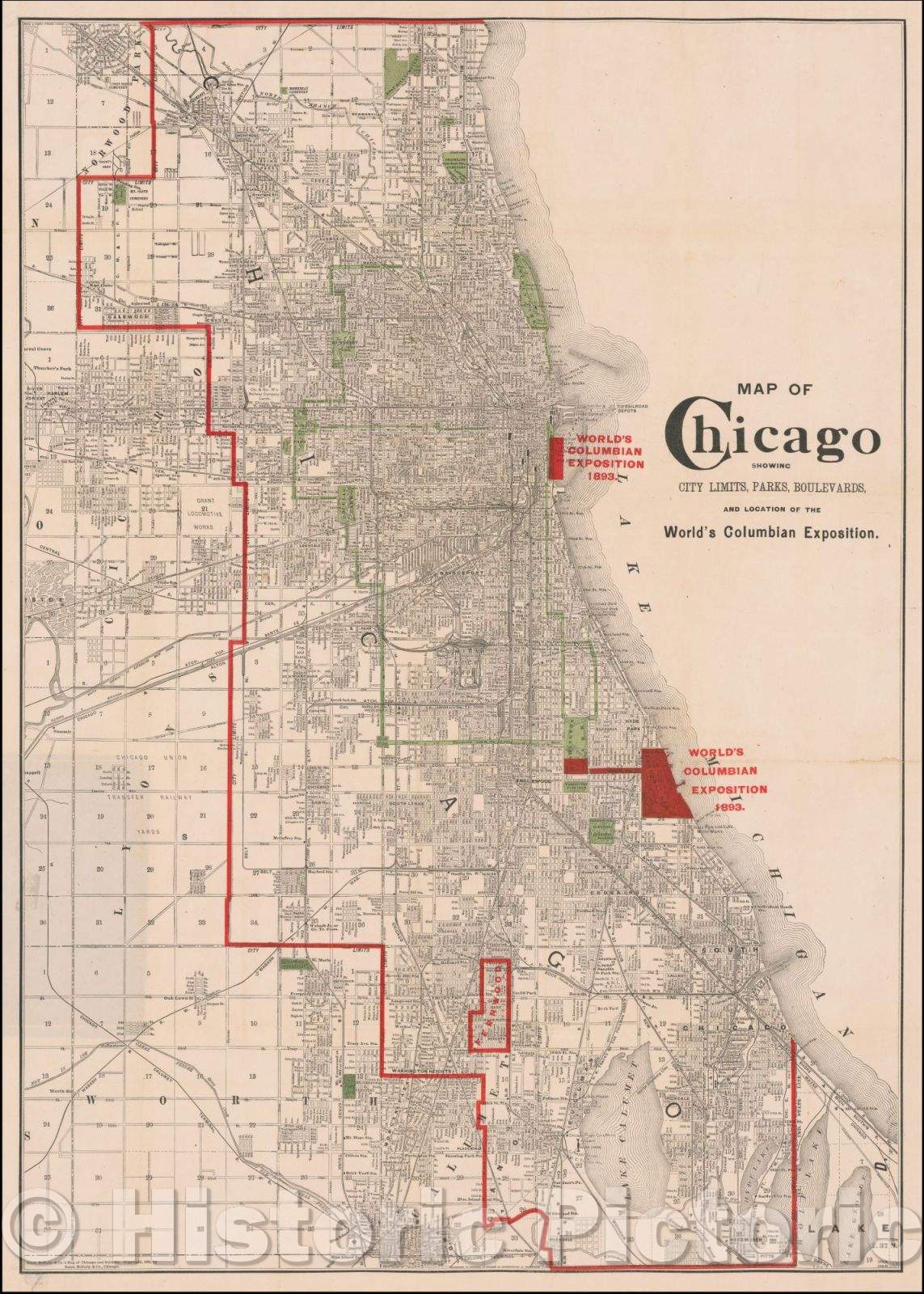 Historic Map - Map of Chicago Showing City Limits, Parks Boulevards, And the Location of the World's Columbian Exposition, 1890, Rand McNally & Company - Vintage Wall Art