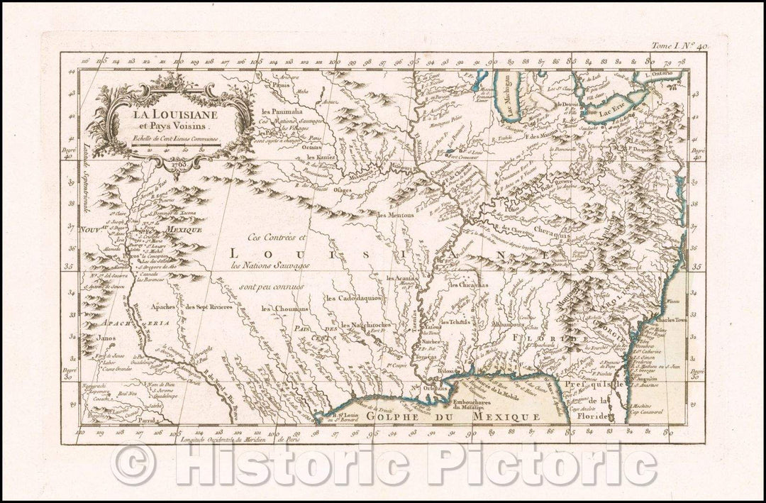 Historic Map - La Louisiane et Pays Voisons/Map of the settled portions of North America, 1764, Jacques Nicolas Bellin - Vintage Wall Art