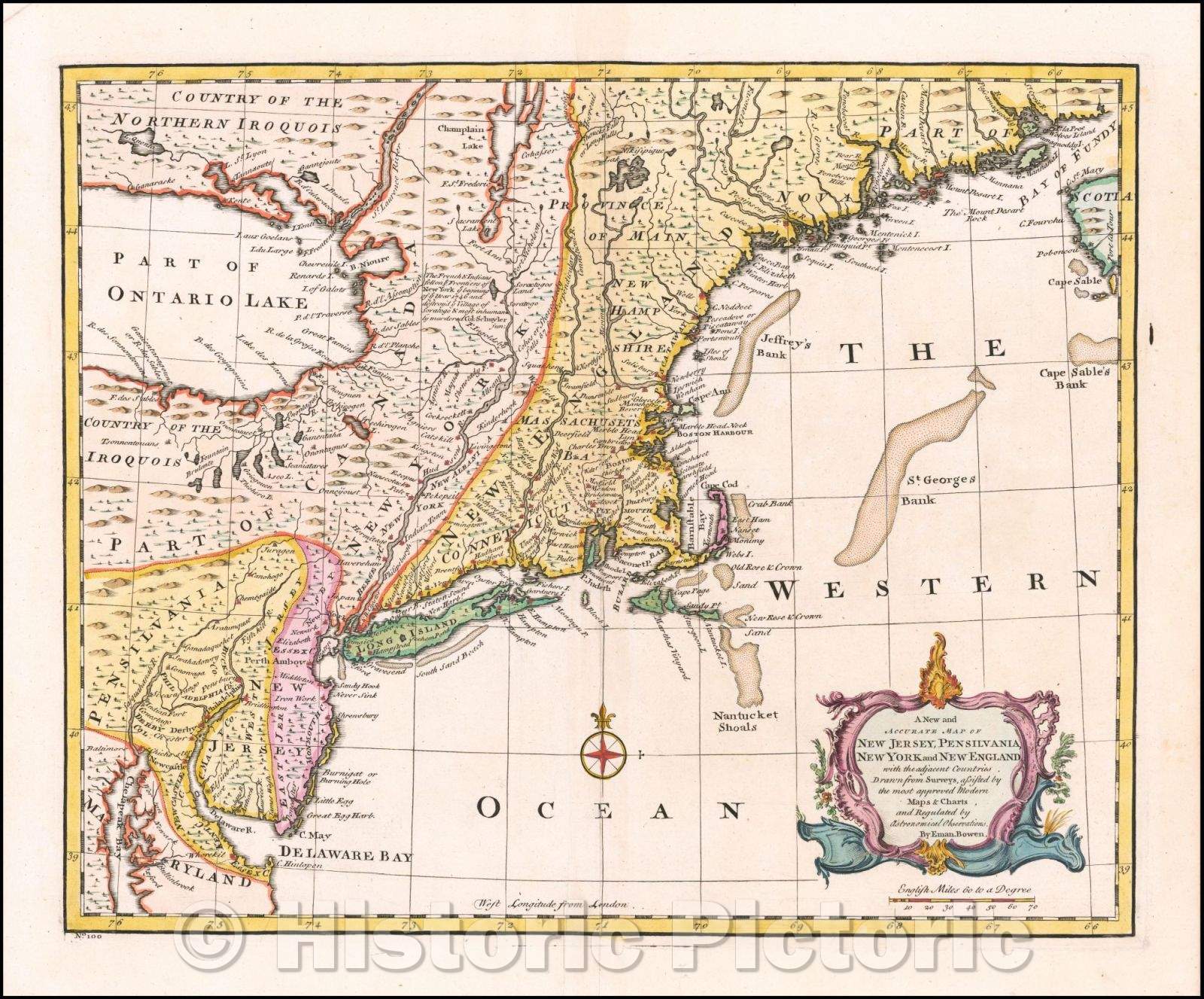 Historic Map - A New and Accurate Map of New Jersey, Pensilvania, New York and New England with the adjacent Countries, 1744, Emanuel Bowen - Vintage Wall Art