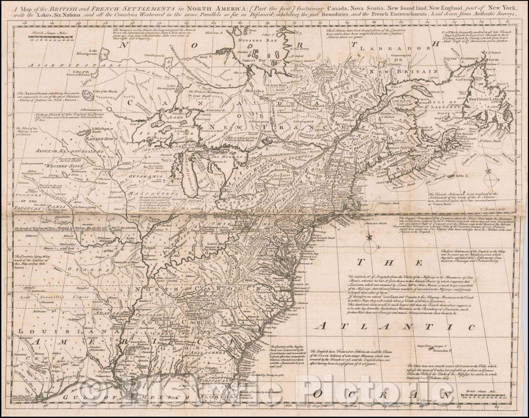 Historic Map - British and French Settlements in North America, 1755, Thomas Bowen - Vintage Wall Art