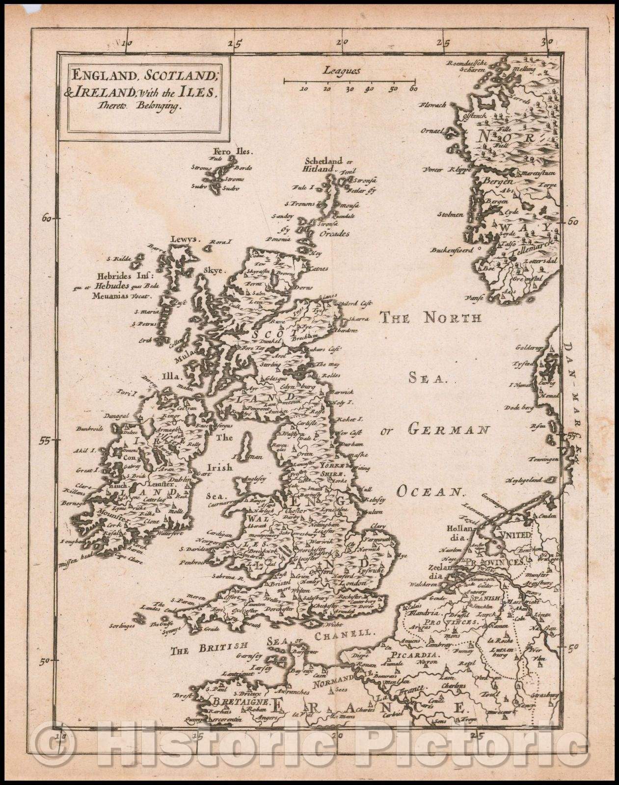 Historic Map - England, Scotland, Ireland, With the Iles Thereto Belonging, 1681, Sir Jonas Moore - Vintage Wall Art