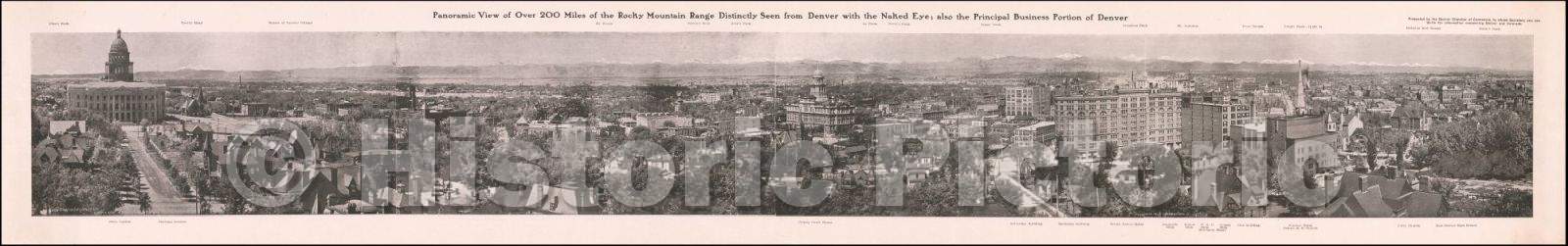 Historic Map - Panoramic View of Over 200 Miles of the Rocky Mountain Range Distinctly Seen From Denver with the Nake Eye, 1894, The Williamson-Haffner Co. - Vintage Wall Art