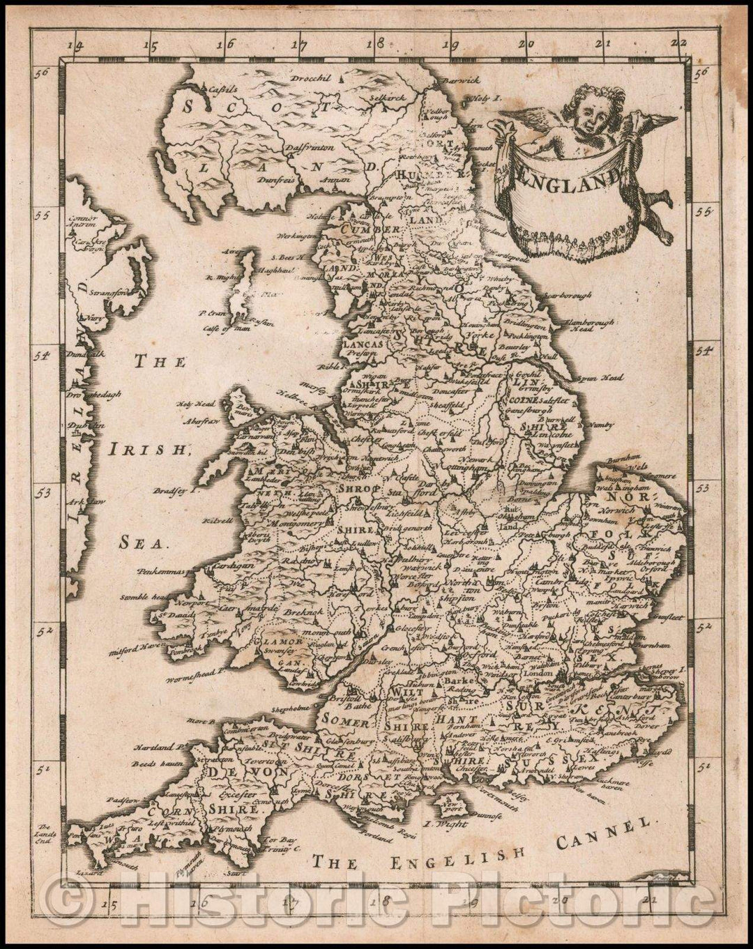 Historic Map - England, 1681, Sir Jonas Moore - Vintage Wall Art