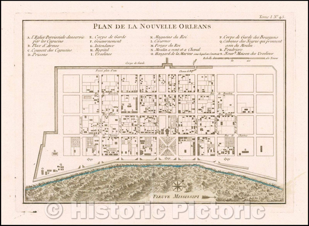 Historic Map - Plan De La Nouvelle Orleans/Map Of New Orleans, 1764, Jacques Nicolas Bellin - Vintage Wall Art